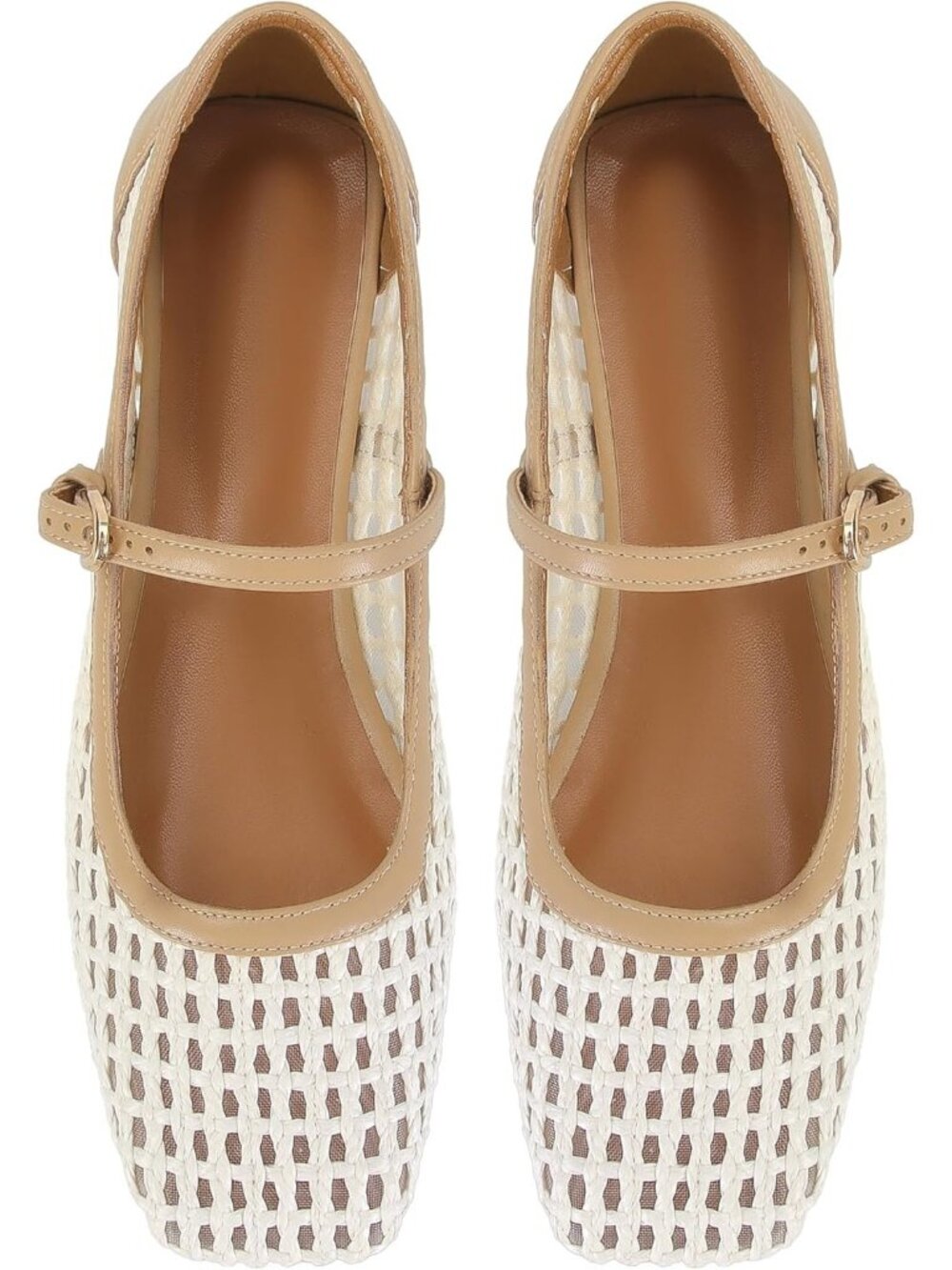 Women's Ballet Flats White Apricot Comfortable Woven Mary Jane Shoes Square Toe - Picture 5 of 7